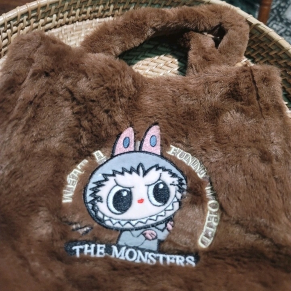 Plush Brown Kids Bag with Cute Lububu Character Patch - Picture 2 of 2